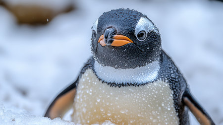Chubby adult penguin tilting its head sideways with a comically confused expression, isolated on white, water droplets still glistening on its smooth feathersの素材