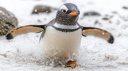 Chubby adult penguin tilting its head sideways with a comically confused expression, isolated on white, water droplets still glistening on its smooth feathersの素材