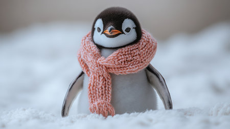 Adorable penguin chick wearing a tiny knitted scarf on white background, looking cozy and content with its fluffy down feathers slightly ruffledの素材