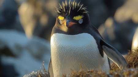 Rockhopper penguin with its wild yellow eyebrows raised in surprise against white, showing off its punk-style feather hairdoの素材