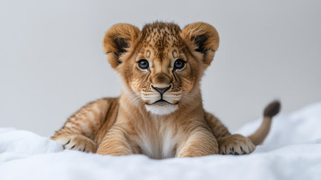 Adorable lion cub sitting on a white backdrop, big curious eyes, fluffy fur, playful expression, soft lighting, ultra-detailed, heartwarming vibeの素材