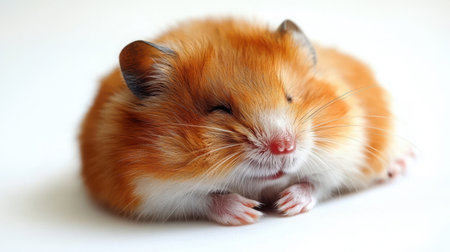 Fluffy syrian hamster curled into perfect ball shape, only nose and whiskers visible, cozy sleeping position on bright white studio backgroundの素材