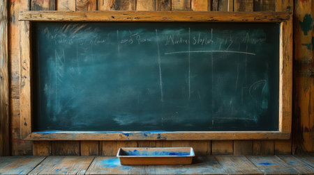 Classroom chalkboard with clean surface but visible chalk dust in the tray, suggesting recent teaching activityの素材