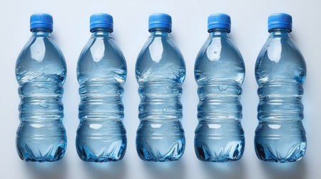Row of five identical blue-tinted plastic water bottles filled with clear water, evenly spaced on a white surface, overhead viewの素材