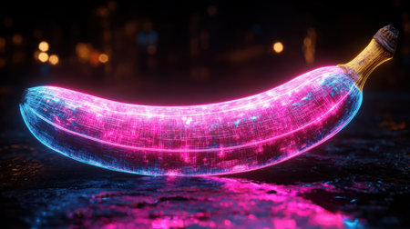 Glowing Neon Banana - A banana with an electric neon outline, vibrant pink or blue glow against black void, cyberpunk-inspired, surreal and eye-catchingの素材