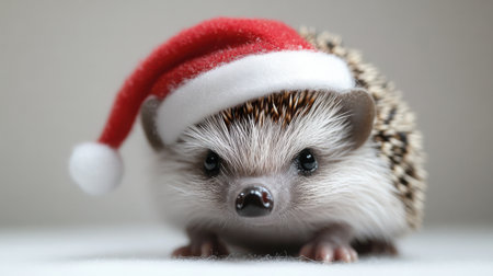 Hedgehog wearing miniature santa hat, festive holiday theme, clean white background with soft shadow underneathの素材