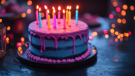 Neon Noir Birthday - A dark backdrop with a modern cake, electric-colored candles, vibrant bokeh bursts, and neon-like light streaks for a contemporary party vibe.の素材
