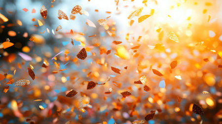 Golden Hour Confetti - Warm-toned confetti mixed with gold and pastel pieces, softly lit as if by sunset, resting on a bright white background for a cozy festive feel.の素材