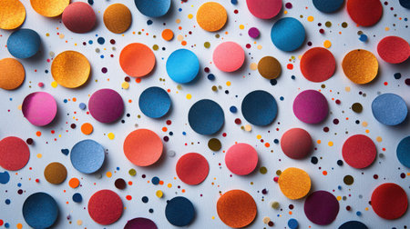 Minimalist Confetti Spread - A carefully curated selection of brightly colored confetti arranged in a clean, minimalist pattern on a white background for a chic holiday aesthetic.の素材