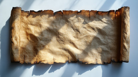 Weathered Paper Scroll - An unfurled ancient-looking scroll with rough deckled edges and natural creases, casting soft shadows on white backdrop.の素材