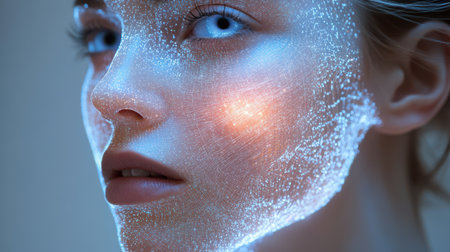 AI Light Sculpture Face - A volumetric face created by intersecting planes of laser light and data particles.の素材