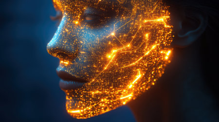 Glowing Tech Mask - A human facial silhouette constructed entirely from pulsating golden data pathways against deep blue voidの素材