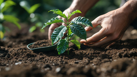 Close-up of gardener's hands using scoop to transplant young coffee plant seedling into fertile soil, sustainability conceptの素材