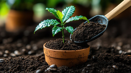 Close-up of scoop transferring rich black soil to small pot containing coffee seedling, gardening conceptの素材