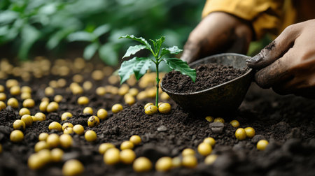 Close-up of scoop carefully placing soil around base of delicate coffee seedling, macro detailsの素材