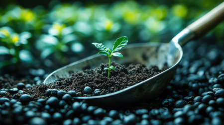 A metal scoop cradling rich dark soil with a tiny coffee seedling sprouting, shallow depth of field with more seedlings in backgroundの素材