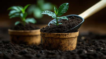 Close-up of scoop transferring rich black soil to small pot containing coffee seedling, gardening conceptの素材