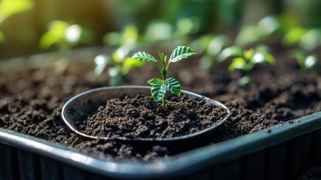 A metal scoop cradling rich dark soil with a tiny coffee seedling sprouting, shallow depth of field with more seedlings in backgroundの素材