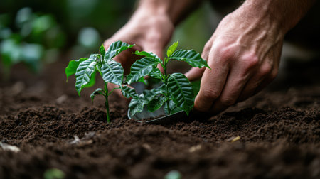 Close-up of gardener's hands using scoop to transplant young coffee plant seedling into fertile soil, sustainability conceptの素材