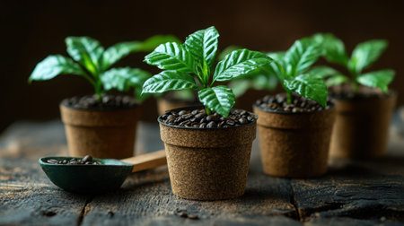 Coffee plant propagation scene with scoop and seedlings on rustic table, warm natural lighting from sideの素材