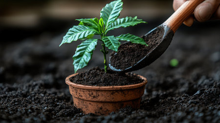 Close-up of scoop transferring rich black soil to small pot containing coffee seedling, gardening conceptの素材