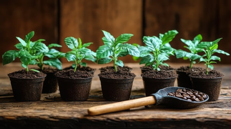 Coffee plant propagation scene with scoop and seedlings on rustic table, warm natural lighting from sideの素材