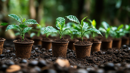 Eco-friendly coffee cultivation: scoop planting organic seedling in rich soil, sustainable farming conceptの素材