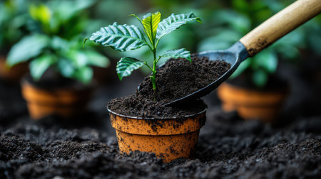 Close-up of scoop transferring rich black soil to small pot containing coffee seedling, gardening conceptの素材