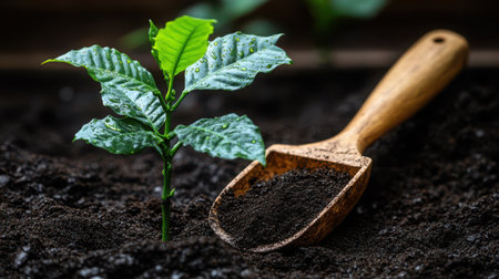 Gardening scoop with fresh soil next to newly planted coffee seedling, water droplets on leaves, shallow focusの素材
