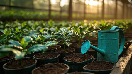 Coffee farm nursery scene with scoop and watering can beside rows of young seedlings in morning lightの素材