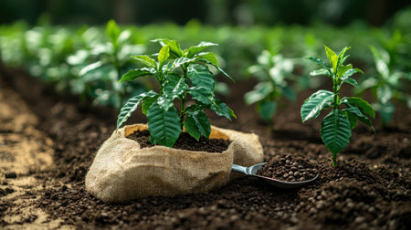 Coffee seedling nursery scene with scoop resting in bag of soil, rows of young plants in morning lightの素材
