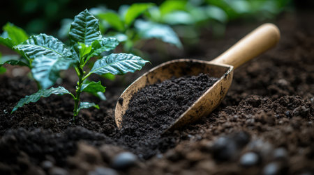 Gardening scoop with fresh compost beside newly sprouted coffee plants, warm earthy tonesの素材