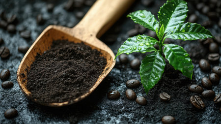 Gardening scoop with fresh soil next to newly planted coffee seedling, water droplets on leaves, shallow focusの素材