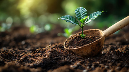Eco-friendly coffee cultivation: scoop planting organic seedling in rich soil, sustainable farming conceptの素材