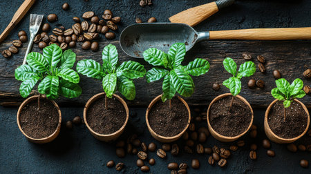 Coffee plant propagation station with scoop, seedlings in small pots, and gardening tools on rustic surfaceの素材