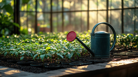 Coffee farm nursery scene with scoop and watering can beside rows of young seedlings in morning lightの素材