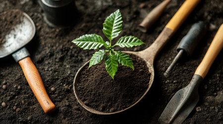 Gardening tools arranged around scoop full of soil with young coffee plant, shallow depth of fieldの素材