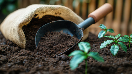 Metal scoop resting at angle in bag of potting soil with small coffee seedlings in foregroundの素材