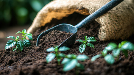 Metal scoop resting at angle in bag of potting soil with small coffee seedlings in foregroundの素材