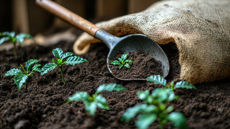 Metal scoop resting at angle in bag of potting soil with small coffee seedlings in foregroundの素材