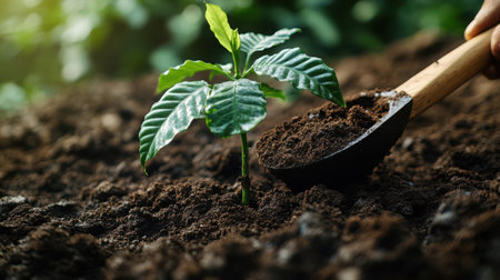 Top-down view of scoop depositing rich compost near base of young coffee plant seedling, macro details of soil textureの素材