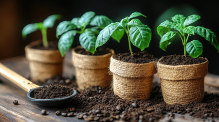 Sustainable coffee production concept: scoop and young seedlings on wooden table with soilの素材