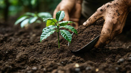 Top-down view of scoop depositing rich compost near base of young coffee plant seedling, macro details of soil textureの素材