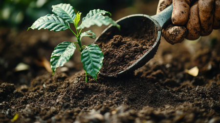 Top-down view of scoop depositing rich compost near base of young coffee plant seedling, macro details of soil textureの素材