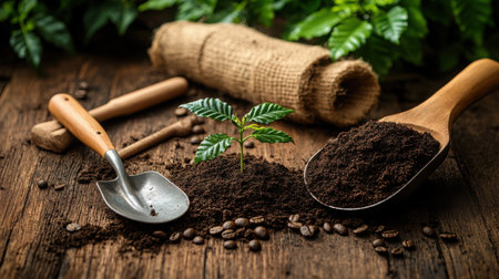 Rustic wooden table with gardening tools, scoop full of soil and delicate coffee seedling ready for planting, soft natural lightの素材