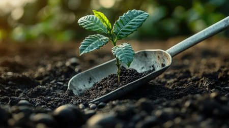 Sustainable agriculture concept: metal scoop carefully planting coffee tree seedling in black soil, selective focusの素材