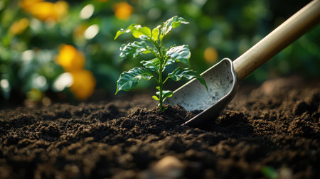 Sustainable agriculture concept: metal scoop carefully planting coffee tree seedling in black soil, selective focusの素材