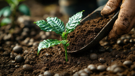 Top-down view of scoop depositing rich compost near base of young coffee plant seedling, macro details of soil textureの素材