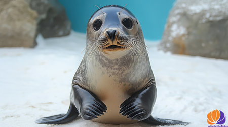 Close-up of seal's flippers pressed together as if clapping, joyful expression, white backdrop, detailed skin texture, charming behaviorの素材