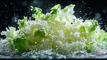 Ultra-crisp shredded iceberg lettuce frozen mid-toss, individual strands suspended against black background with studio lighting catching every water dropletの素材